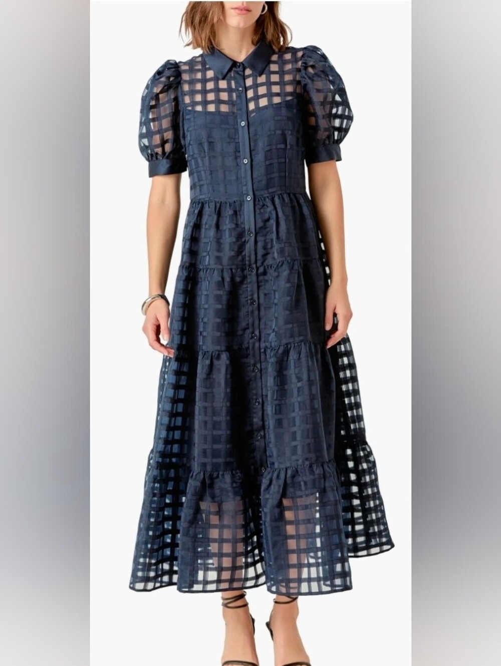 English Factory NWT Navy Grid Checked Tiered Button Front Midi Dress Size M